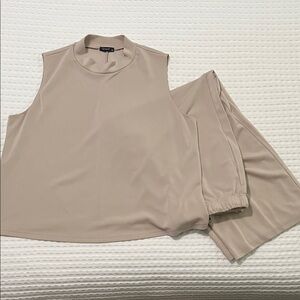 Beige Sleeveless Top and Wide Leg Crop Pants Set